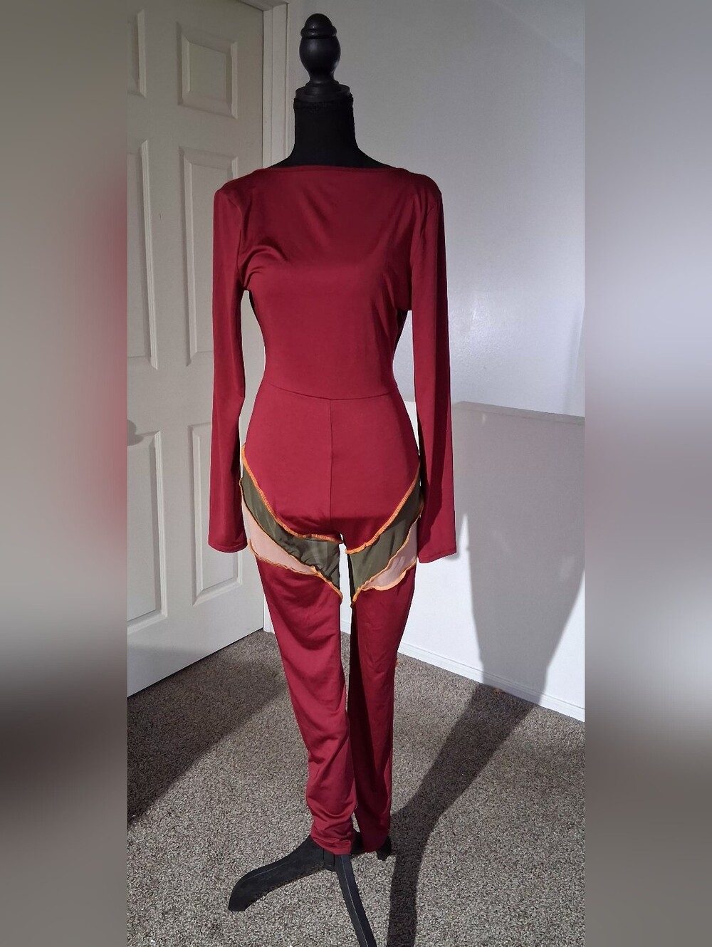 Maroon Long Sleeve Jumpsuit with Sheer Colorblock Waist Detail